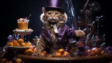 Willy Wonka As A Cat And Its Orange Factory. Cat In Tophat And A Purple Suit, Orange Confectionary, Desserts, Oranges. AI Art.