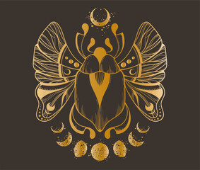 Sticker - Mystical celestial scarab beetle and moon phases clipart in gold foil texture, magic space insect and crescent silhouettes in vector, unreal hand drawn bug isolated element for t-shirt or card print