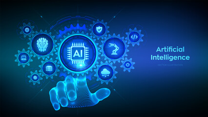 Wall Mural - AI. Artificial Intelligence. Machine Learning Concept. Big data. Neural networks. AI technology. Wireframe hand touching digital interface with connected gears cogs and icons. Vector illustration.