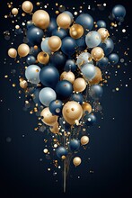 Gold And Navy Birthday Balloons On A Navy Blue Background For Decorating The Invitation Card.