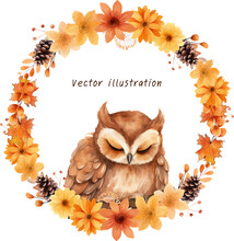 Autumn Leaves Flowers Wreath Frrame Border With Sleeping Owl Watercolor Ornament Vector Illustration