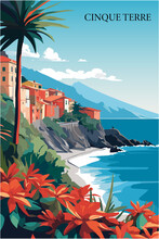 Cinque Terre Italy retro poster with abstract shapes of skyline, landscape, houses and waterfront. Vintage cityscape travel vector illustration of Liguria Riomaggiore village waterfront