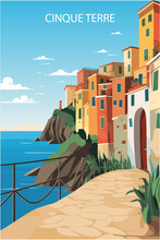 Cinque Terre Italy Retro Poster With Abstract Shapes Of Skyline, Landscape, Houses And Waterfront. Vintage Cityscape Travel Vector Illustration Of Liguria Riomaggiore Village Waterfront