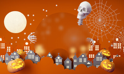 Happy Halloween banner or party invitation background with clouds, bats and glowing pumpkins and full moon surrounded by spider web and ghost cartoon style, treat or trick celebration. 3d render