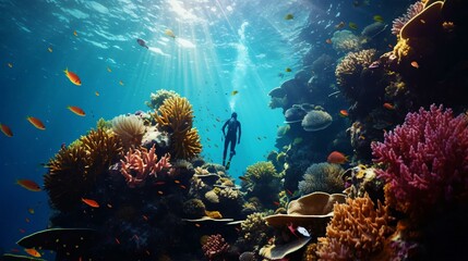 Wall Mural - a person in a scuba suit in a large aquarium with fish