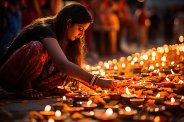 Wall Mural - Indian girls light fires for diwali festival