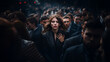 © Sunshine Design - A stressed, overwhelmed businesswoman has a panic attack with her hand to her chest in the middle of a crowd of businessmen in a busy street.