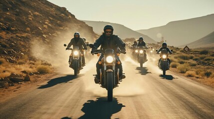 Wall Mural - a group of people riding motorcycles on a dirt road