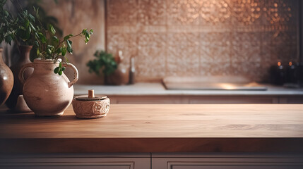 Wooden light empty table top in modern kitchen, Moroccan oriental style, kitchen panel in interior