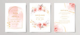 Fototapeta Boho - Set of watercolor wedding invitation card template with pink floral and leaves decoration