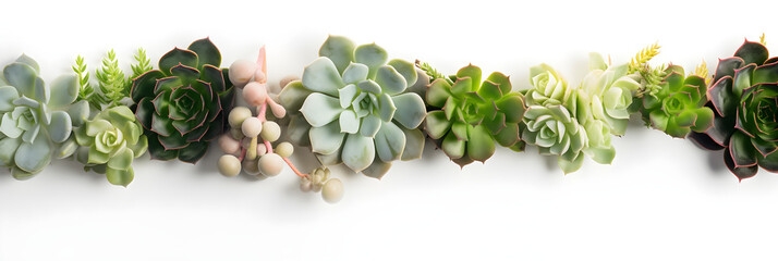 Wall Mural - minimalist modern banner or header with succulent plants on a white surface with lots of copy space for your text - top view / flat lay