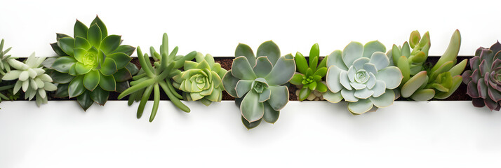 Wall Mural - minimalist modern banner or header with succulent plants on a white surface with lots of copy space for your text - top view / flat lay