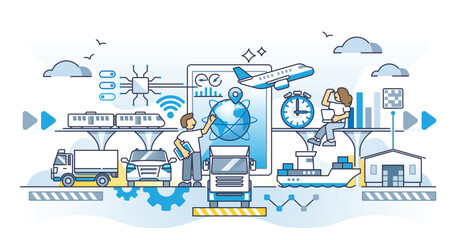 Transportation optimization and effective logistics control outline concept. Logistics service efficiency with smart infrastructure management and precise cargo location tracking vector illustration.