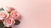 Decorative Web Banner. Close Up Of Blooming Pink Roses Flowers And Petals Isolated On White Table Background. Floral Frame Composition. Empty Space, Flat Lay, Top View. Generative Ai