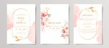 Set Of Watercolor Wedding Invitation Card Template With Pink Floral And Leaves Decoration