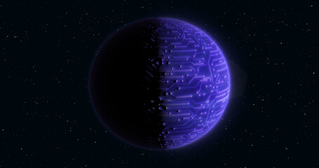 Wall Mural - abstract realistic planet purple hi-tech luminous round sphere in space against the background of st