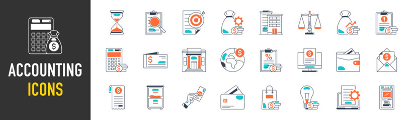 Accounting icon set. Containing financial statement, accountant, financial audit, invoice, tax calculator, business firm, tax return, income and balance sheet icons. Solid icon collection