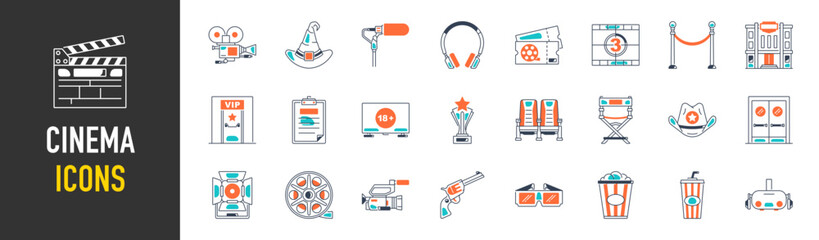 Simple Set of Cinema Vector Icon. Contains such Icons as Movie Theater, TV, Popcorn, Video Clip and more.
