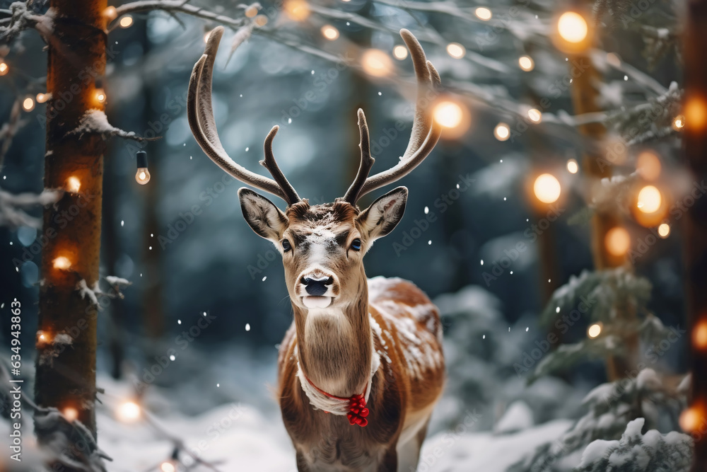 Wild deer in a winter forest with blurred lights, Christmas concept, ai ...