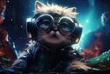 Fototapeta Dziecięca - Cat wearing VR headset, surreal galaxy cosmic and colorful background. Generative AI