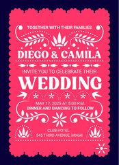 Wedding invitation in mexican paper cut papel picado flag style. Vector invite card template adorned with traditional floral patterns, capturing the festive spirit of Mexico, joy, love and celebration