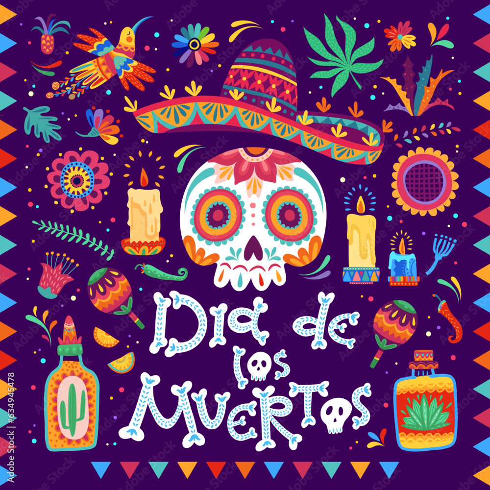 Dia de los muertos mexican holiday banner. Day of the dead poster with ...