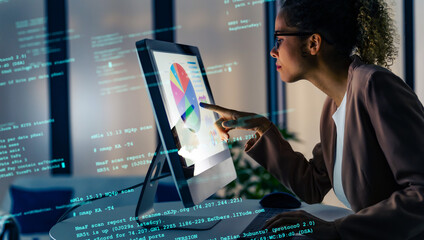 Aufkleber - Black woman working in office and digital data concept. System engineering.