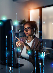 Aufkleber - Black woman working in office and digital data concept. Digital transformation.