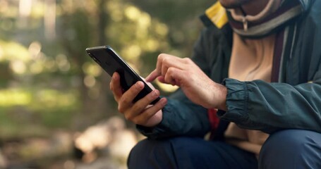 Aufkleber - Hands, phone and man hiking in a forest texting, search and using map, navigation and travel guide in nature. Smartphone, app and male hiker online for location, sos or checking message in a jungle