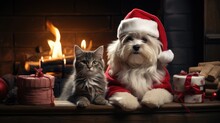 Cat And Dog In Christmas Hat
