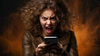 An enraged woman, clutching a cell phone in her hand, is captured in this image. Her face contorted with anger, she bellows into the phone, her emotions palpable, and her actions symbolize the frustra
