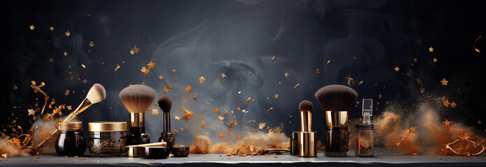 Wall Mural - Luxury cosmetics set and brushes on dark background horizontal Banner with copy space