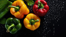 Green, Red And Yellow Peppers Flying On Dark Background With Splash Of Water
