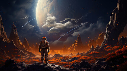 Wall Mural - An astronaut walks in his space suit on a distant planet. Outer space