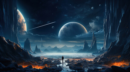 Wall Mural - An astronaut walks in his space suit on a distant planet. Outer space