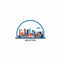 Wall Mural - USA United States of America Boston modern city landscape skyline logo. Panorama vector flat US Massachusetts state icon with landmarks, skyscraper, panorama, buildings