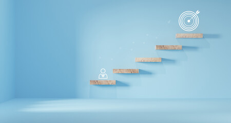 Wall Mural - woods block step on table with icon action plan, goal and target, success and business target concep