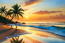 Bright Orange Sunset View Under Palm Tree Branch Silhouette. Sand Beach Seascape. Generative AI