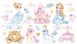 Set of fairy tale Cinderella cartoon characters isolated on white background. Watercolor hand drawn illustration of cute little princess, castle, carriage, horse and mice in cartoon style