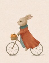 Rabbit In A Coat Rides A Bicycle Animal Drawing For A Children's Room