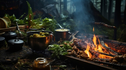 a day of tourism, cooking food over a campfire, generative ai