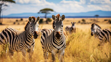 A Group Of Zebras Grazing In A Grassy Savannah