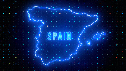 Wall Mural - futuristic blue shine spain outline map and label text glowing neon light with stars sparkle grid ba