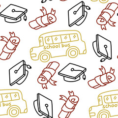 School bus pattern, graduate caps and diplomas in contour style. Texture with doodle elements on the theme of back to school and congratulations on graduation. School topics