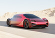 Futuristic Red Electric Car driving on road with desert background. Generic design, 3D rendering image.