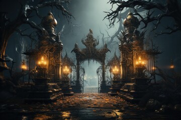 Gate with Halloween theme background. scary cemetery gate. Generative AI