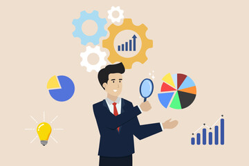 Wall Mural - Data analysis reports, financial research, information reports for marketing insights, optimization analysis or diagrams, smart information, smart businessman analyzing data with magnifying glass.