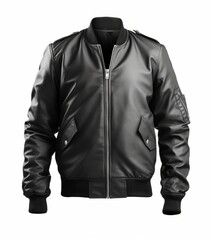 Black leather jacket in front view isolated on white background