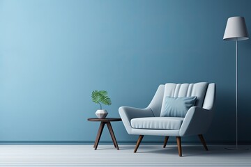 Wall Mural - Contemporary minimalistic interior showcasing an armchair against a blue wall. 3D design.