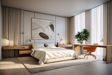 Poster - Bright room with bed, partition, and contemporary desk.